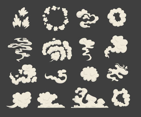Cartoon dust clouds. Comic cloud shape, spray air smoke, fog road, explosion bomb, car gas, puff magic effect, steam wind silhouette, spooky fume smog, neat gam explode bubbles. Vector illustrationのイラスト素材