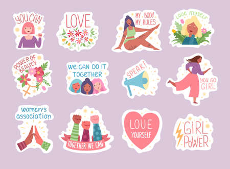 Feminist and body positive vector stickers set. Female movements cartoon badges with inspirational...