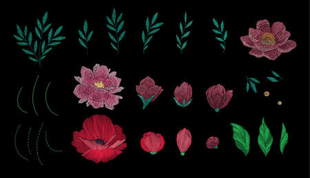 Embroidery set constructor with beautiful flowers. Vector handmade floral ornament on dark background. Embroidery for fashion products. Elegant tiled design, best for print fabric or papper and moreのイラスト素材