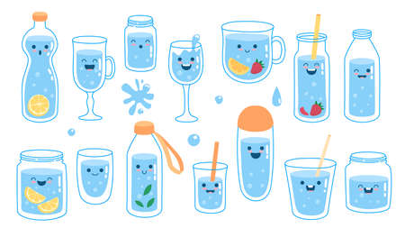 Drink more water. Cute waters world of drinks earth for health, glass decanter, ice liter beverages, funny stickers poster, fitness diet, doodle cartoon neat vector illustration. Container h2o bottleのイラスト素材