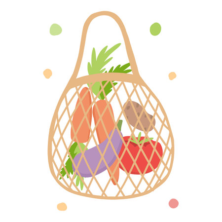 Reusable fruit and vegetable net bag element. Recycling plastic, zero waste and eco bottle and packのイラスト素材