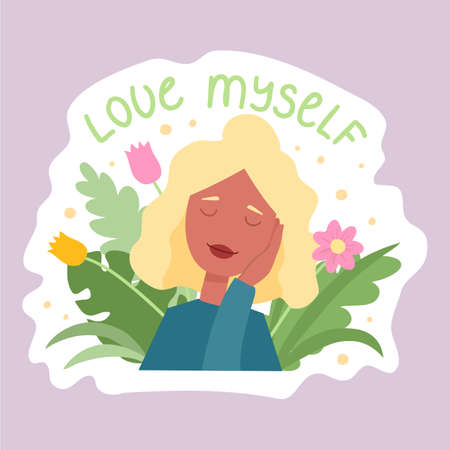 Feminist and body positive vector sticker Love Myself. Female movement cartoon badge with inspirational quote. Women empowerment, self acceptance and gender equality trendy lettering packのイラスト素材