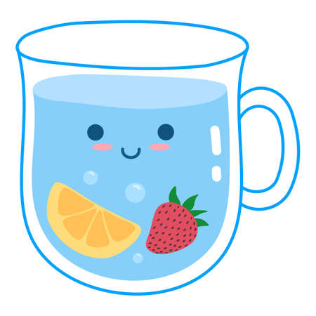 Cute water sticker jar glass. Drink more water. World of drinks earth for health, glass decanter, ice liter beverages, funny stickers poster, fitness diet, doodle cartoon neat vector illustrationのイラスト素材