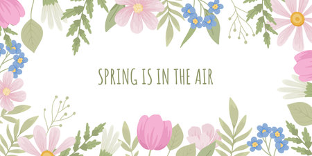 Spring flowers on floral background, card design. Banner with blooming garden, gentle delicate wildflowers, blossomed field plants. Springtime postcard with quote. Flat vector illustrationのイラスト素材