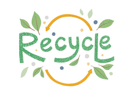 Modern eco sticker with recycle sign, arrows and leaves. Concept of ecology, zero waste and sustainability. Colored flat textured vector illustration isolated on white backgroundのイラスト素材