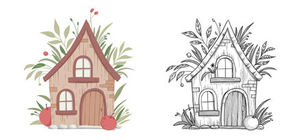 Small houses, garden flowers and trees. Perfect for scrapbooking, poster, tag, sticker kit , greeting cards, party invitations. Hand drawn vector illustrationのイラスト素材