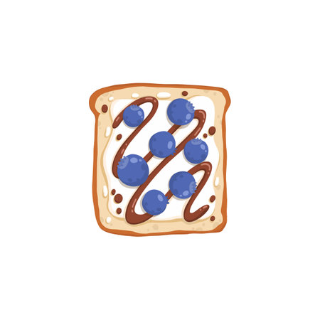 Sweet blueberry and peanut butter toast. Open fruit sandwich with chocolate paste and caramel topping on grilled square bread. Breakfast food. Flat vector illustration isolated on whiteのイラスト素材