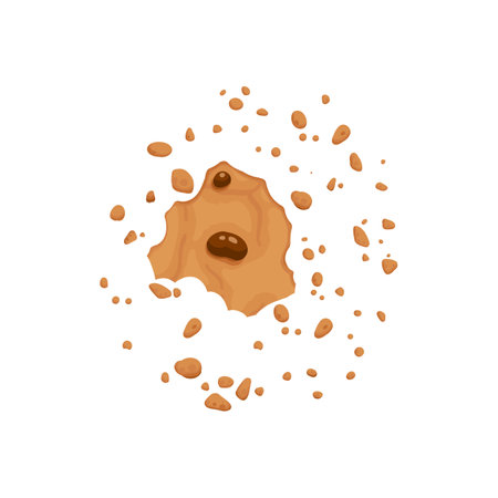 Bitten chocolate chip cookie. Crunch homemade brown biscuit broken with crumbs. Cartoon baked round choco cookie bite animation vector. Illustration animation disappear choco crumb piece bakeryのイラスト素材