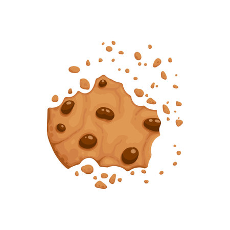 Bitten chocolate chip cookie. Crunch homemade brown biscuit broken with crumbs. Cartoon baked round choco cookie bite animation vector. Illustration animation disappear choco crumb piece bakeryのイラスト素材