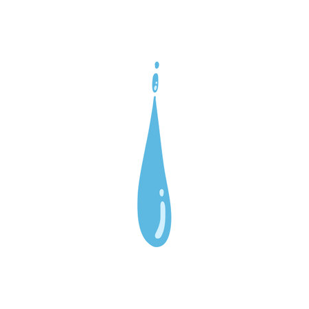 Cartoon blue dripping water drop, splash, spray and tear. Liquid flow, wave, stream and puddle. Nature water motion shape vector. Illustration of rain water drop, liquid splashのイラスト素材