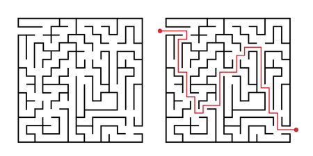 Labyrinth game way. Square maze, simple logic game with labyrinths way. How to find out quiz, finding exit path rebus or logic labyrinth challenge isolated vector illustrationのイラスト素材