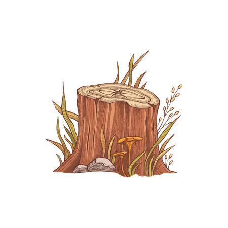 Hand drawn vector autumn elements. Fall leaves, mushrooms, maple, acorns, berries, oak, pumpkins. Harvest time. Colored trendy illustration. Autumn floral stickersのイラスト素材