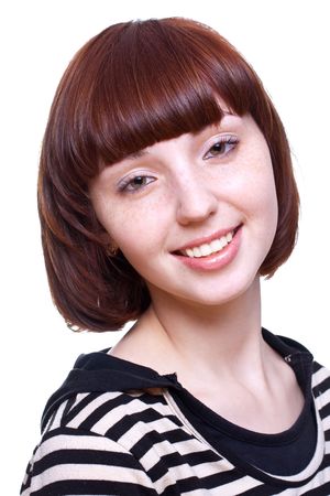 laughing girl in a T-shirt on a white backgroundの写真素材