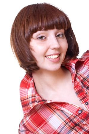 laughing girl in a shirt on a white backgroundの写真素材
