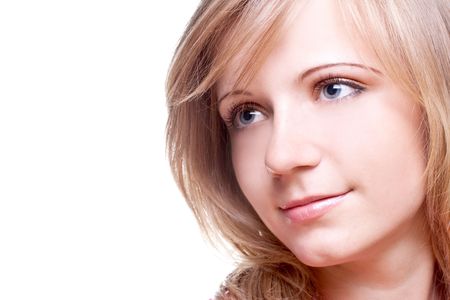 beautiful woman in a red shirt on a white background isolatedの写真素材