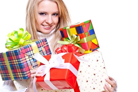 beautiful woman with holiday gift on a white backgroundの写真素材