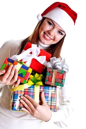 beautiful woman with holiday gift on a white backgroundの写真素材
