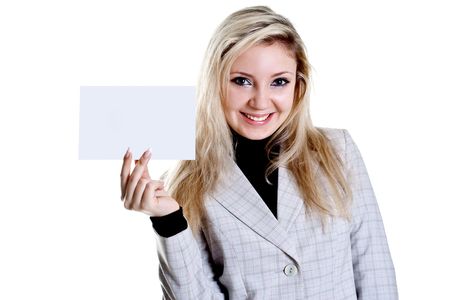 young business woman with business card on a white backgroundの写真素材