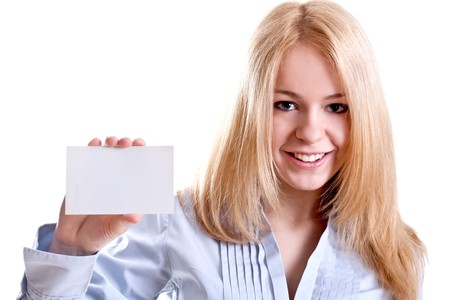young business woman with business card on a white backgroundの写真素材
