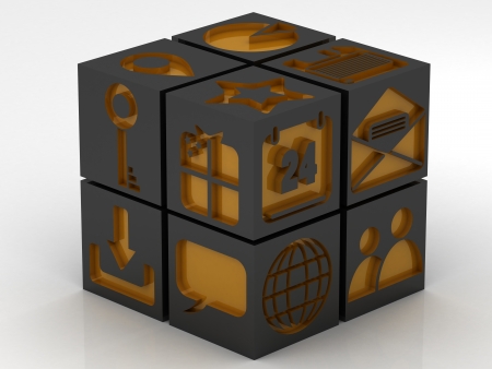 metal cube with icons assembling from blocksの写真素材