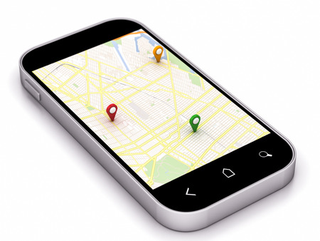 phone navigation map with colored pinの写真素材