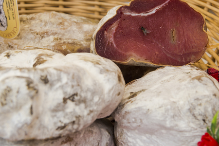 sausage products in an italian daily marketの写真素材