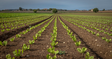 Young escarole endive plants growing in the vegetable garden under blue skyの写真素材