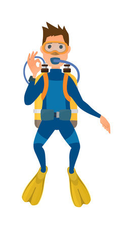 Scuba diver with diving mask, wetsuit and flippers isolated on white background. Diver isolated vector and diver isolated character. Diver isolated people extreme underwater snorkeling.のイラスト素材
