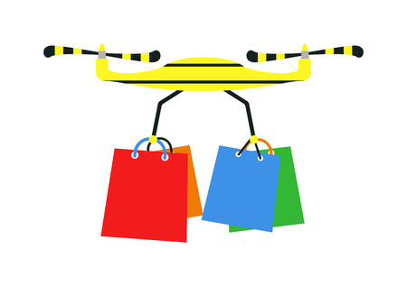 Drone quadrocopters icons and emblems isolated on white. Vector illustration drone helicopter toy design. Flight shopping quadrocopters drone helicopter toy. Helicopter jift delivery shopping bag boxのイラスト素材