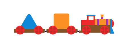 Cartoon toy train with colorful blocks isolated over white and toy train vector set. Toy train color railroad and cartoon carriage game toy train fun leisure joy gift. Locomotive transportation set.のイラスト素材
