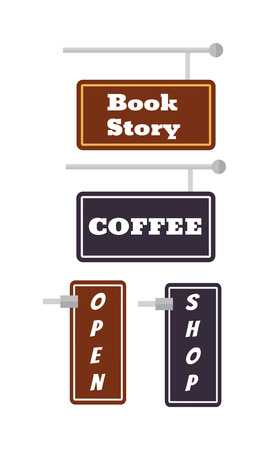 Signage shop sign route hanging information and shop signs banner retailer. Vector shop signs frames and shop signs vintage signboard cafe label. Decorative template ornament antique open sign icon.のイラスト素材