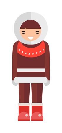 Cartoon eskimo illustration and cute eskimo vector happy girl. Eskimo clothes human and alaska eskimo native northern people. Eskimo funny nationality traditional chukchi character.のイラスト素材
