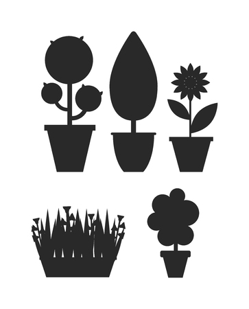 Home bush plant in pot culture black silhouette on white background set of indoor home plant and tree in pots. Home pot plant tree plants with flowers and leaves. Botany gardening flower home tree.のイラスト素材