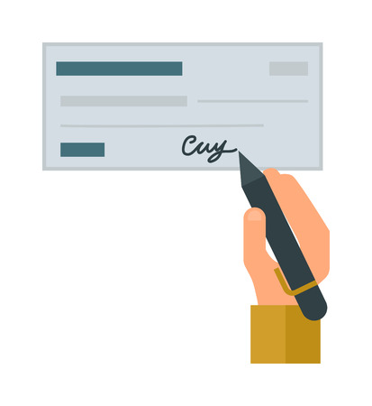 Retro money check gift certificate white background. Good money check design. Customizable money check and people hand with pen. Money check bank financial paper cheque payment vector blank.のイラスト素材