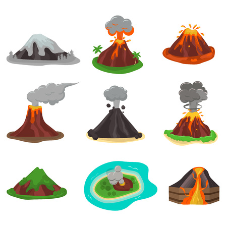 Volcano magma nature blowing up with lava flowing down vector set. Crater mountain volcano hot natural eruption nature. Volcano erupt ash fire hill landscape outdoor geology exploding ash.のイラスト素材