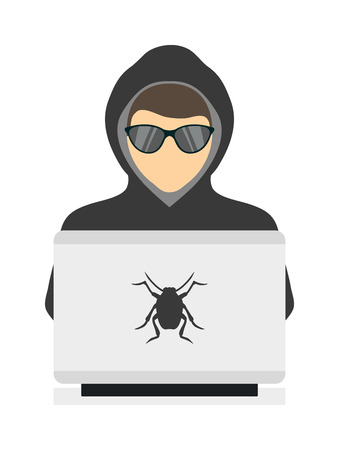 Hacker on laptop. Hooded computer hacker stealing information with laptop and computer hacker laptop. Theft danger programmer hack, stealing computer hacker anonymous secure fraud man.のイラスト素材