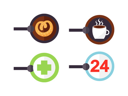 Set of hanging shop signs open bakery sign, welcome coffee shop sign. Shop sign pharmacy, day and night shop sign. Store design information business board. Commercial market banner graphic blank.のイラスト素材