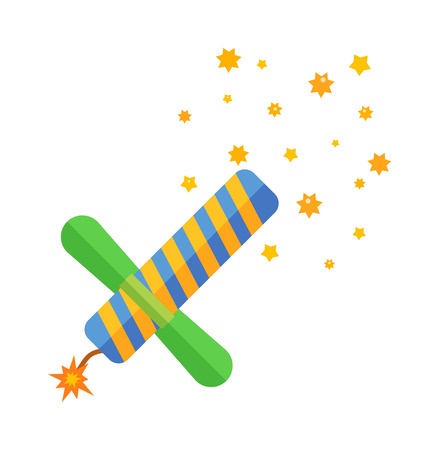 Pyrotechnic rockets vector illustration pyrotechnics and firework fountain, roman candle, beautiful rocket. Anniversary traditional evening pyrotechnic and firework sparkle bomb.のイラスト素材