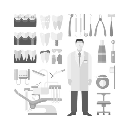 Flat health care dentist symbols and medical research dentist symbols medical care. Healthcare system dentist symbols concept. Medicine dentist symbols and chemical engineering dentist symbols.のイラスト素材