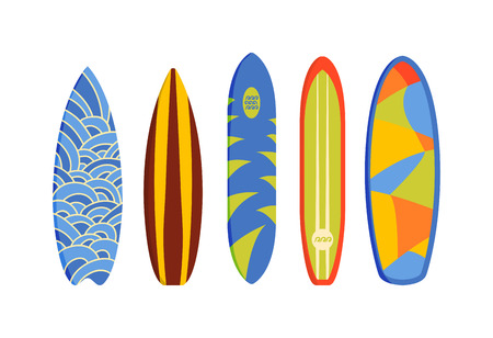 Vector modern colorful surfing boards set on white background. Retro design summer beach surfing boards summer time wave sport. Extreme action pattern surfing boards activity travel.のイラスト素材