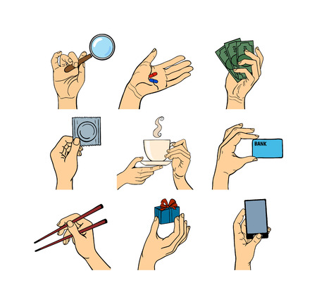 Human hands different pose signal human fingers. Human hands isolated. Silhouette of hands showing symbols finger thumb vector illustration.のイラスト素材