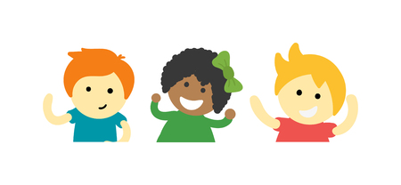 Group of school kids children together. Different nations happy character together concept vector. Little cute primary school children. School kids positive smiling childrenのイラスト素材