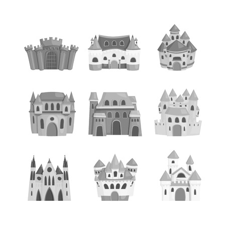 Cartoon fairy tale castle tower icon. Cute cartoon castle architecture. Vector illustration fantasy house fairytale medieval castle. Princess cartoon castle cartoon stronghold design fable isolated.のイラスト素材