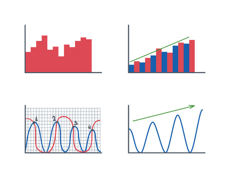 Business data graph analytics vector elements. Bar pie charts diagrams and graphs flat icon. Infographics data analytics design elements isolated on white backgroundのイラスト素材