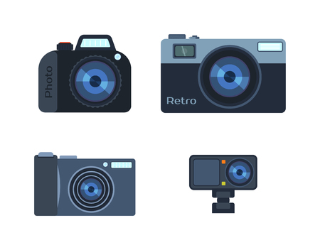 Different photo and video cameras. Different camera set photography isolated symbol photograph digital equipment. Retro technology camera set vintage element sign film collection.のイラスト素材