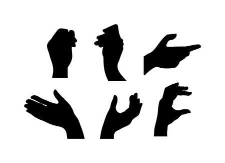 Human hands different pose signal human fingers. Human hands isolated. Silhouette of hands showing symbols finger thumb vector illustration.のイラスト素材
