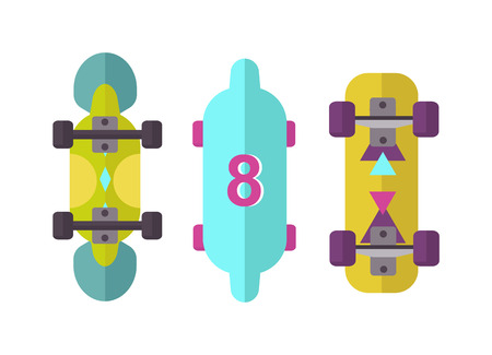 Skateboard icon extreme sport sign. Vector different board skateboard icons urban art silhouette. Street graphic deck skater skateboard icons active fun ride.のイラスト素材