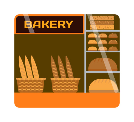 Bakery shop showcase interior bread market. Restaurant interior bakery shop showcase gourmet sale confectionery inside. Breakfast shelf bakery shop showcase business window vector fresh assortment.のイラスト素材