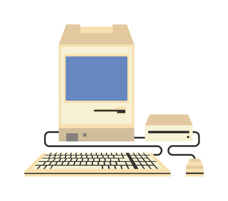 Old omputer technology vector isolated. Telecommunication equipment old vintage pc monitor frame computer modern office network. Old computer device electronic equipment space.のイラスト素材
