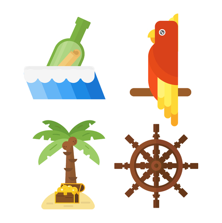 Golden age pirate adventures toy accessories pictograms treasures icons children party game icons set. Abstract vector set treasures icons. Sword gun sign, anchor weapon treasures icons collection.のイラスト素材